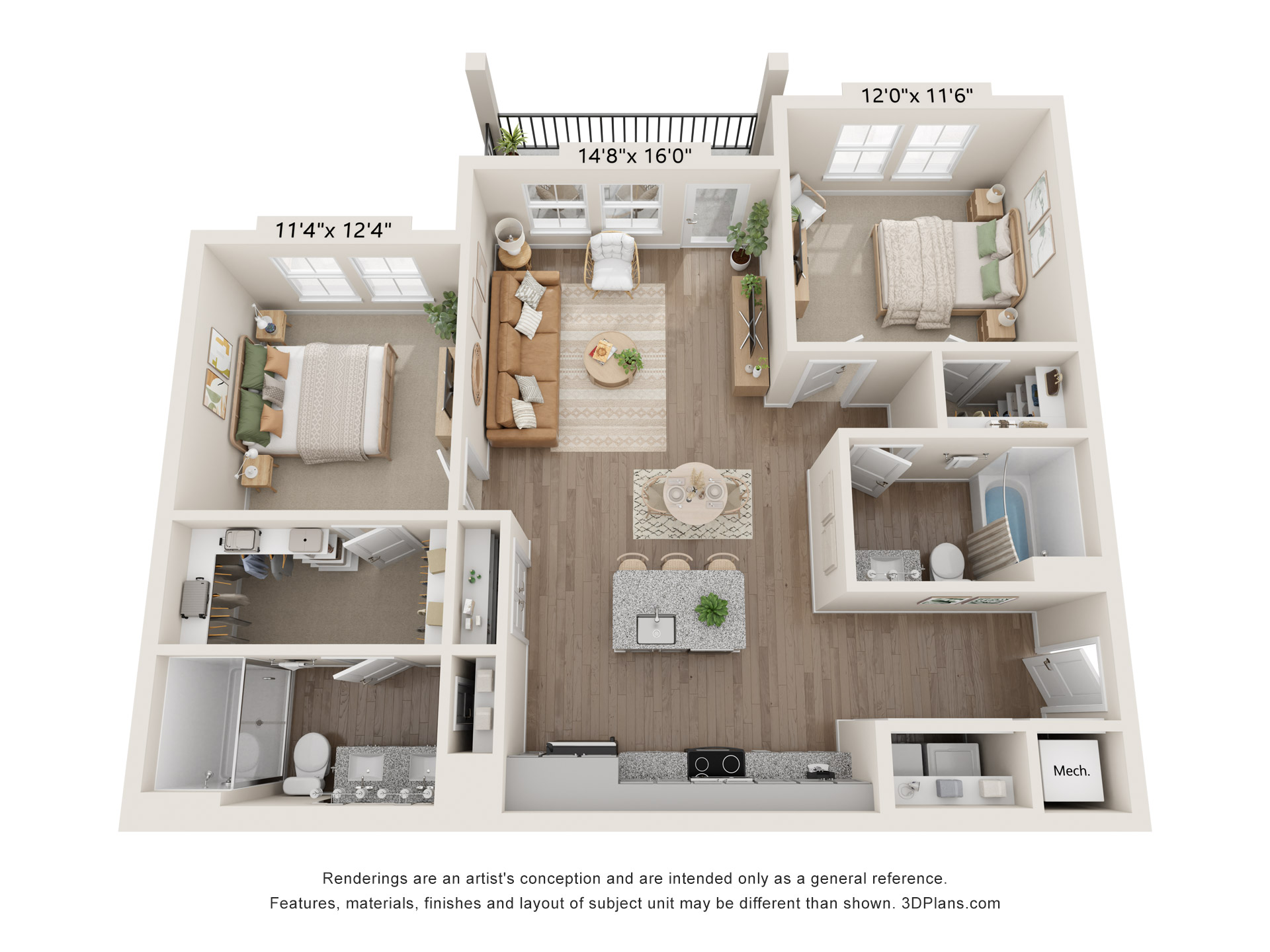 Floor plan for 2 beds, 2 baths, 1021 sqft